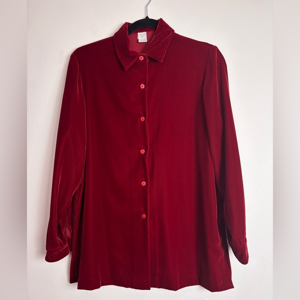 Vintage Lands End red velvet button down top 6 petite 90s